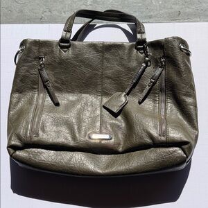Max Studio Olive Leather Tote with Dual Zip Front Pockets